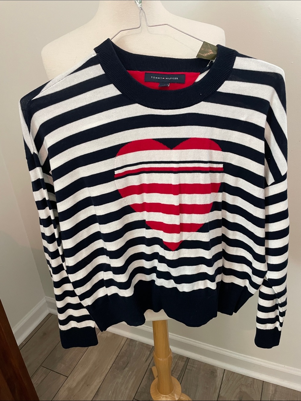 Tommy Hilfiger Navy & White Striped Crew Sweater with Red Heart